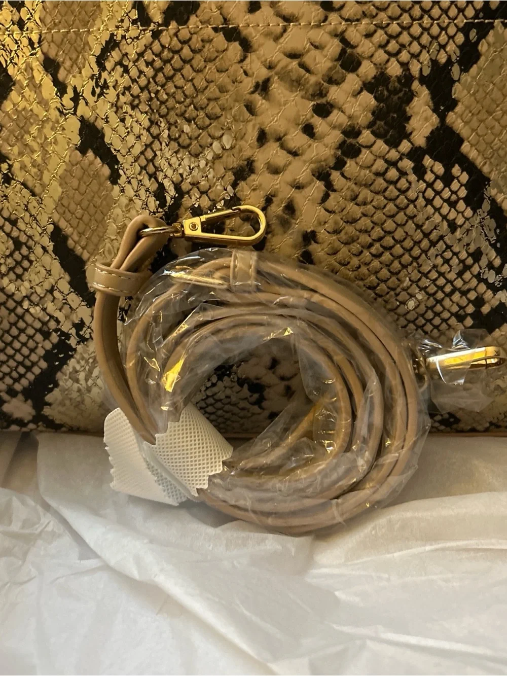 Beige Snake-Print Tote Bag with Tan Handles